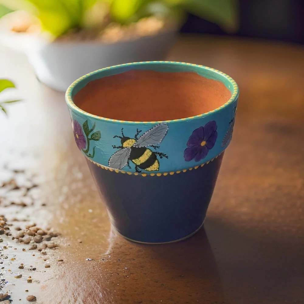 Hand crafted upcycled BEE Terra cotta pot painted blue purple yellow dots floral - Picture 4 of 14